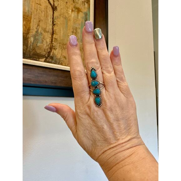 Turquoise Four Stone Long Southwestern Sterling Silver Ring Size 8 - Picture 5 of 5